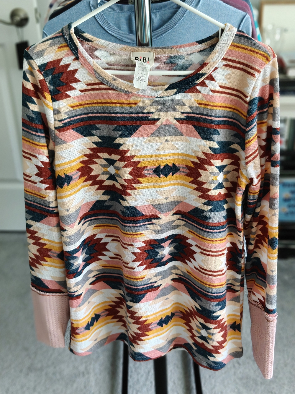 BiBi Multicolor Aztec Stripe Knit Top in Pink, Mustard & Navy